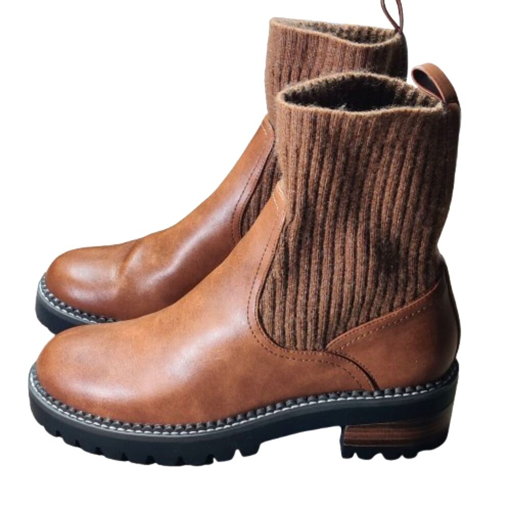 Universal Thread Women's Size 8.5 Brown Knit Chelsea Boots Lug Sole Block Heel